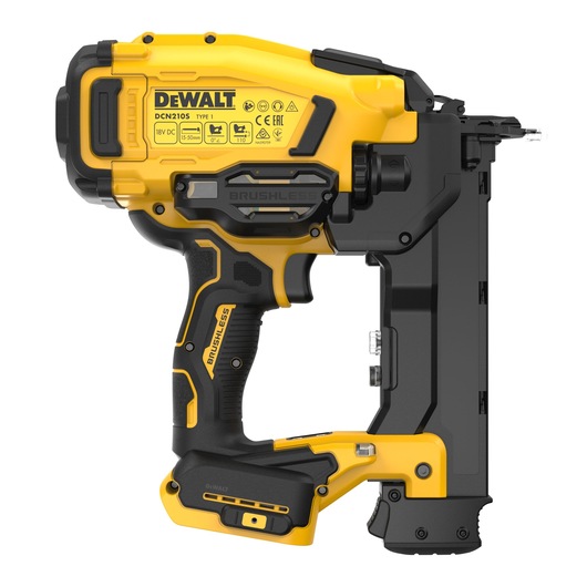 DEWALT DCN210SN-XJ compact cordless nail gun for precise fastening, yellow and black, side view.