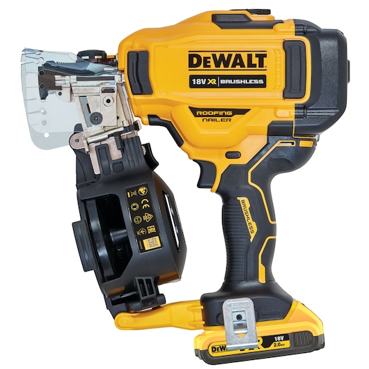 DEWALT 18V XR brushless roofing nailer with yellow and black design, battery attached.