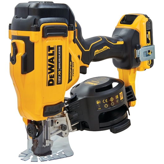 DEWALT 18V XR brushless roofing nailer with nail drum, yellow and black construction tool.