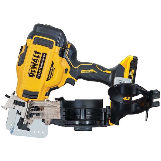 DEWALT 18V XR brushless roofing nailer tool in yellow and black for professional construction use.