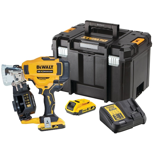 DEWALT nailer set with battery, charger, and sturdy black storage case. Tools are yellow and black.
