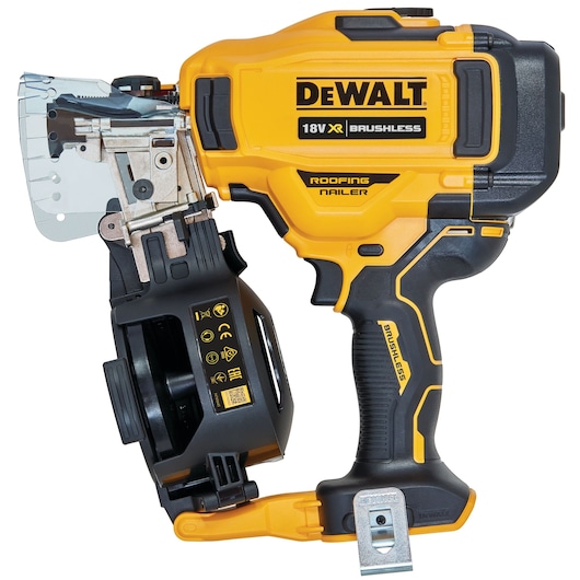 DEWALT 18V XR Brushless roofing nailer tool with yellow and black casing, side magazine, and metal guard.