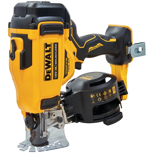 DEWALT 18V XR brushless roofing nailer, yellow and black, with coil magazine for nails.