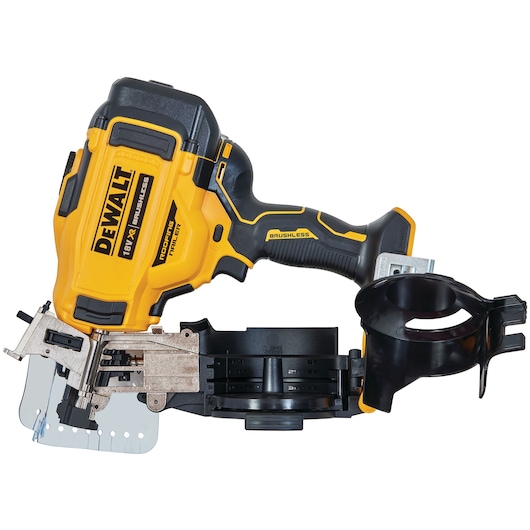 DEWALT 18V XR yellow and black roofing nailer, brushless, shown with magazine attachment on white background.