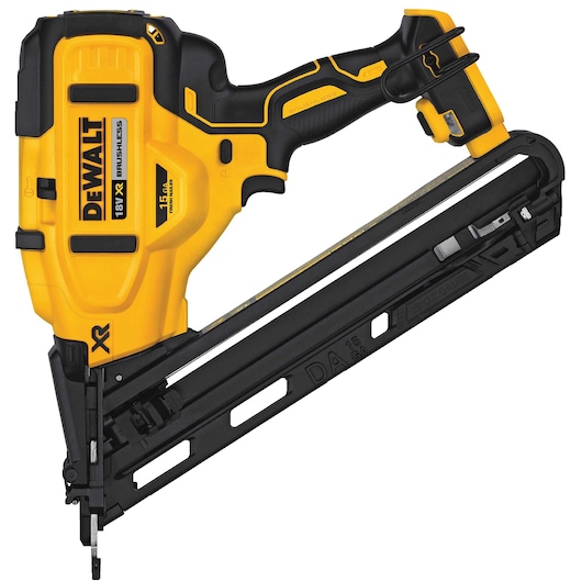 DEWALT 18V cordless nail gun with yellow and black design, suitable for carpentry and fastening.