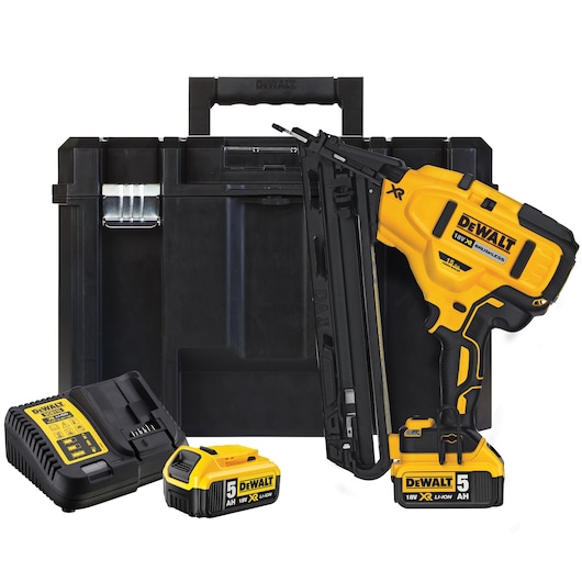 DEWALT cordless nailer kit with case, battery, and charger. Yellow and black tool set for construction.