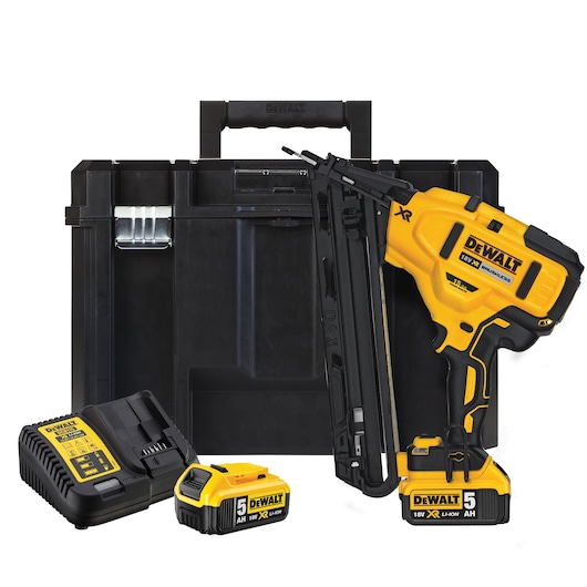 DEWALT cordless nail gun kit with case, charger and 18V XR Lithium-Ion battery shown.