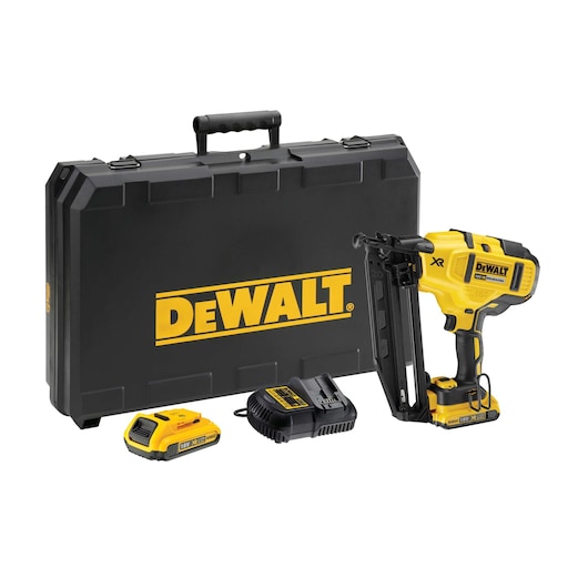 DEWALT nailer kit with case, charger, battery, and nailer, all in black and yellow.