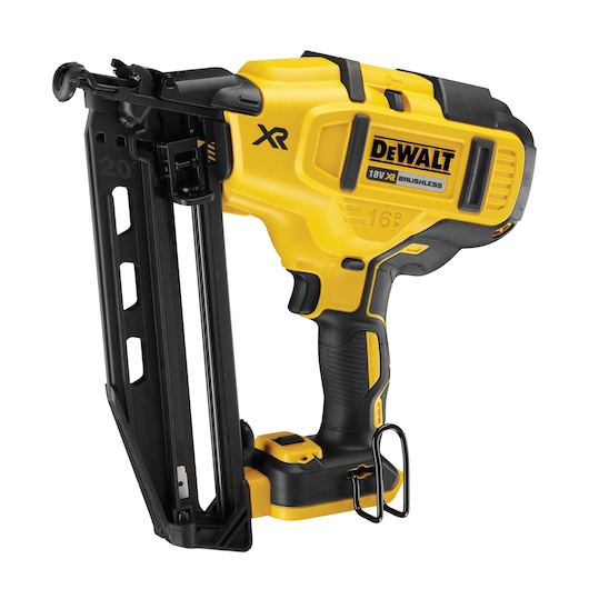 DEWALT 18V XR cordless nail gun with yellow and black design, suitable for construction and woodworking tasks.