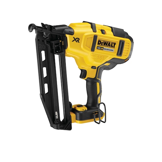 DEWALT DCN660N 18V XR brushless cordless nail gun shown in yellow and black with magazine attachment.