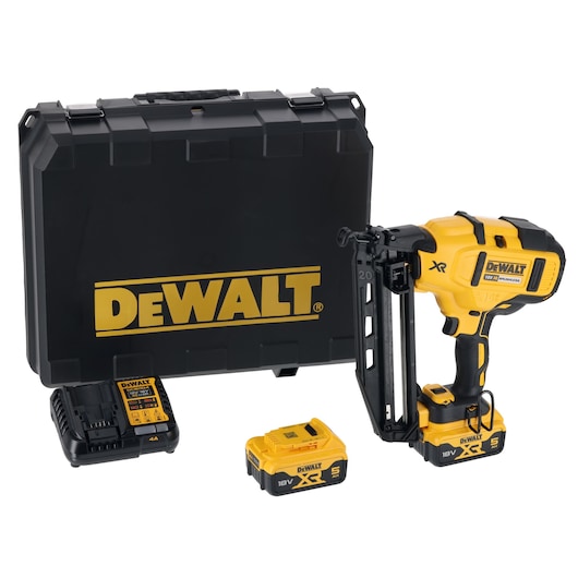 DEWALT nailer kit with case, charger, battery, and yellow 18V cordless nail gun displayed.