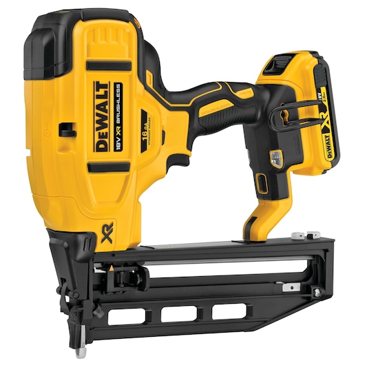 Cordless DEWALT 18V XR brushless nail gun with yellow and black design, shown in close-up side view.
