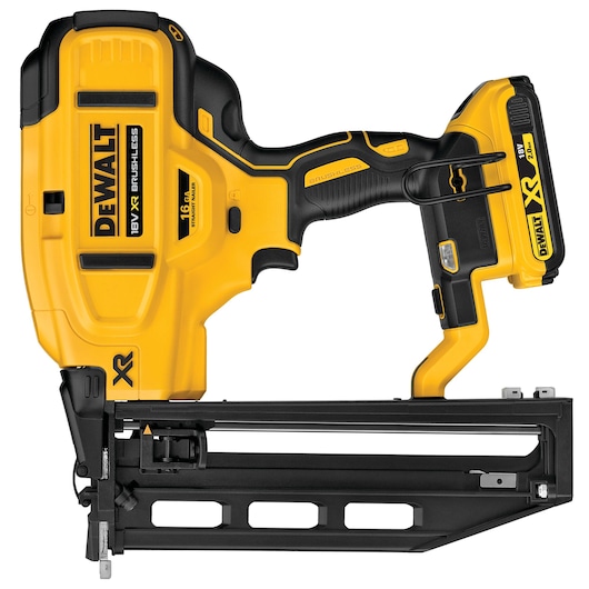 DEWALT cordless nail gun, yellow and black, 18V XR brushless model with battery attached, side view.