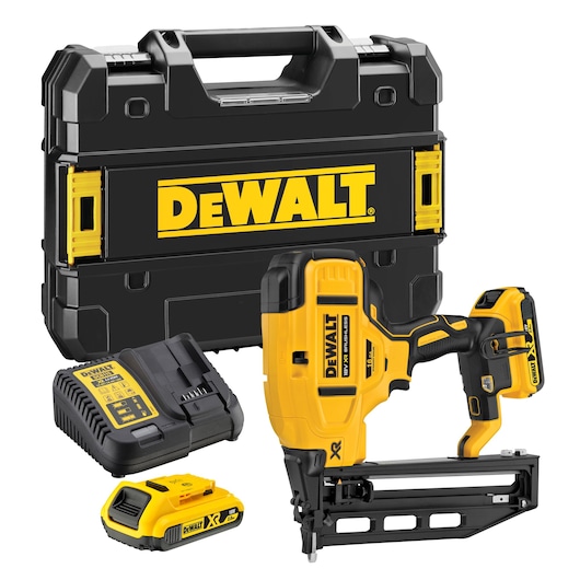 DEWALT cordless nailer kit with hard case, charger, battery and nail gun. All items shown in yellow and black.