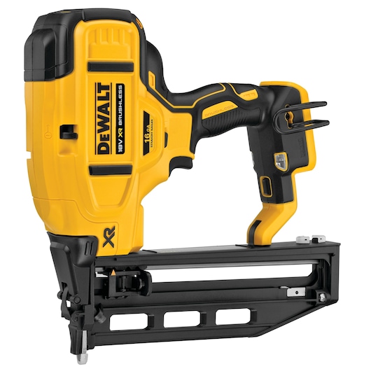 DEWALT cordless nail gun, yellow and black, 18V XR brushless, model DCN662NT, with ergonomic handle.