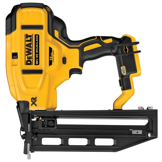 DEWALT 18V XR brushless nail gun, yellow and black, angled magazine for photography product display.