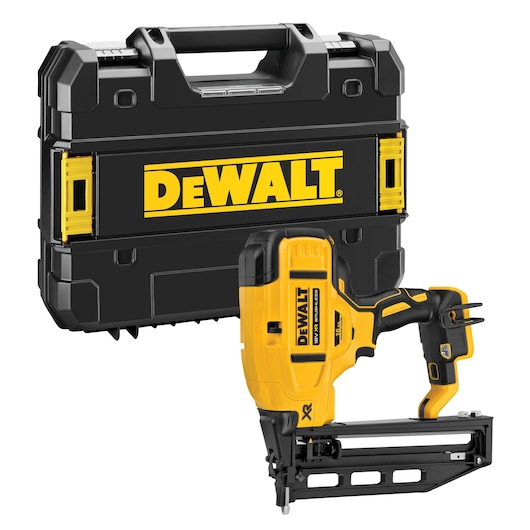 DEWALT yellow cordless nailer tool with black case, shown together, model DCN662NT.