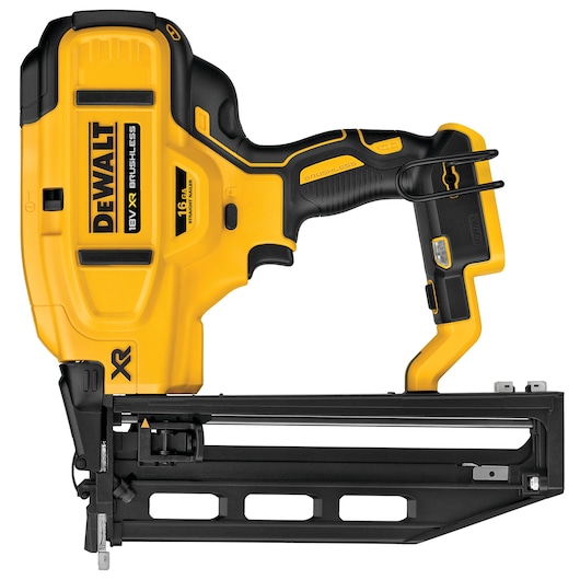 DEWALT 18V XR brushless nailer in yellow and black, designed for heavy-duty fastening tasks.