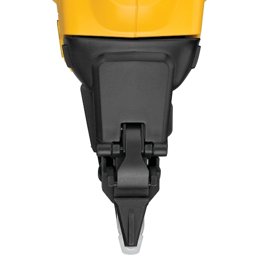 Close-up of the DEWALT DCN662N nail gun tip, showing yellow and black tool with precision nozzle.