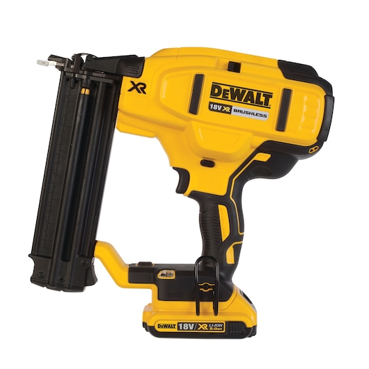 DEWALT 18V XR nailer, yellow and black, cordless tool for fastening, shown on white background.