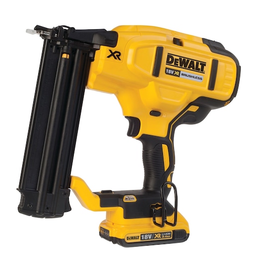 DEWALT cordless 18V nailer with brushless motor, yellow and black, for construction and woodworking tasks.
