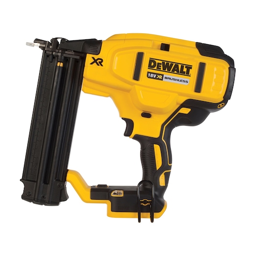 A yellow and black DEWALT 18V XR brushless cordless nail gun, shown from the side on a white background.