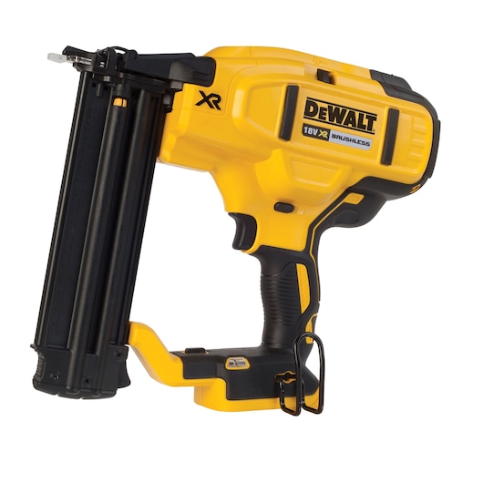 A DEWALT 18V XR Brushless yellow and black nail gun with a slim magazine and ergonomic handle, suitable for construction or carpentry work.