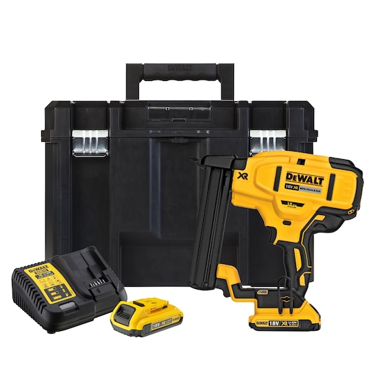 DEWALT cordless nailer kit with case, battery, charger, and yellow tool; 18V model DCN681D2.