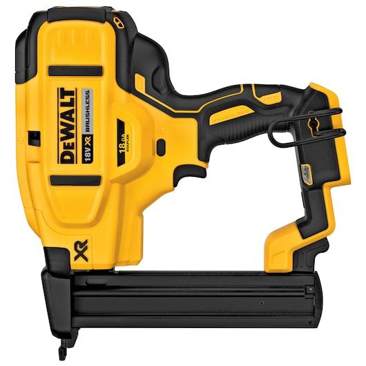 DEWALT DCN681N 18V XR cordless yellow nail gun with black handle and magazine, side view.
