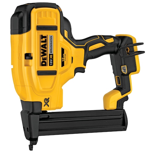 DEWALT yellow cordless nailer, 18V, brushless, ergonomic handle, tool for fastening tasks.