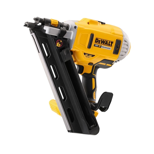 A DEWALT 18V XR brushless nail gun, model DCN692N, with a yellow and black design, used for heavy-duty fastening applications. The tool is photographed against a white background.