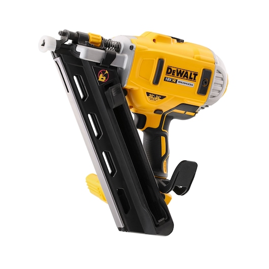 A DEWALT 18V XR brushless cordless nail gun (model DCN692N), shown in close-up with yellow and black color housing, angled magazine, and ergonomic grip.