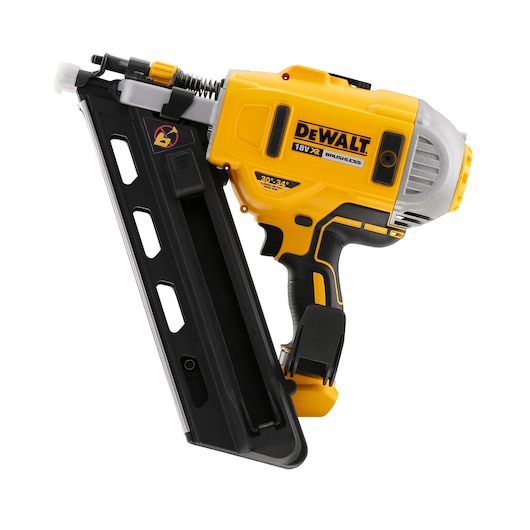 A DEWALT 18V XR Brushless cordless nail gun, model DCN692N, shown in a side view with a yellow and black body and angled magazine for nails.