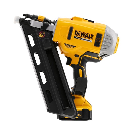 A DEWALT 18V XR brushless cordless nail gun with a yellow and black design, shown on a white background.
