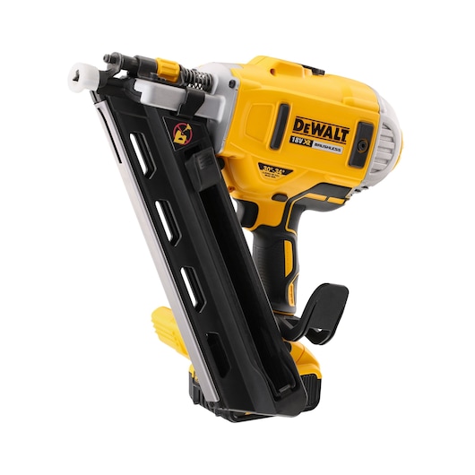 A Dewalt 18V XR brushless cordless framing nailer in yellow and black, with a large magazine for nails, shown against a white background.
