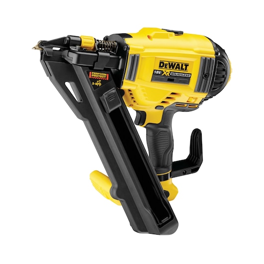 DEWALT 18V XR brushless nail gun with black and yellow body, angled magazine, and ergonomic grip.