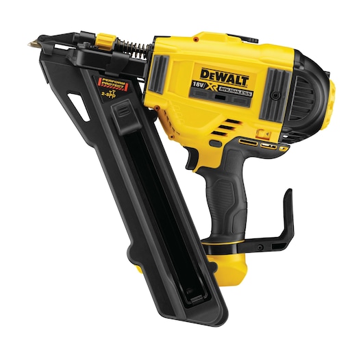 DEWALT 18V XR brushless cordless nail gun, yellow and black, angled magazine.