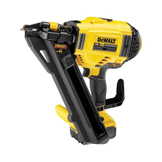 DEWALT 18V XR cordless nail gun, yellow and black, shown close-up on white background.