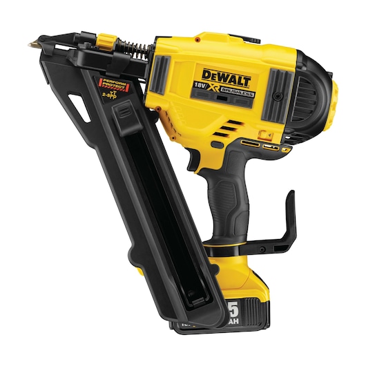 DEWALT 18V XR brushless cordless nail gun with yellow and black body and magazine attachment.