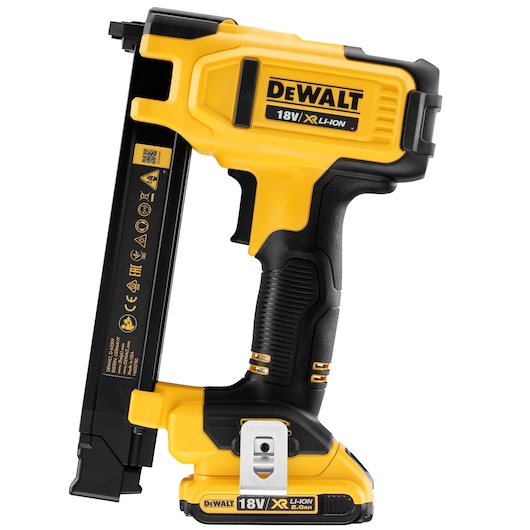 Yellow and black DEWALT 18V XR Li-Ion cordless cable stapler tool with ergonomic handle.