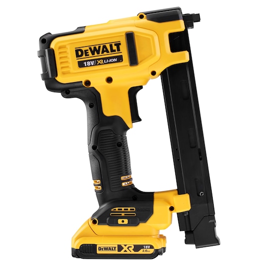 DEWALT DCN701D2 18V XR Li-Ion cordless yellow and black cable stapler tool on white background.