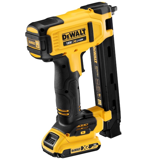 DEWALT 18V XR Li-Ion cordless cable stapler, yellow and black, shown upright on a white background.