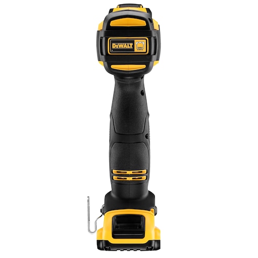 Rear view of a DEWALT DCN701D2 cable stapler, black and yellow, shown upright on a white background.