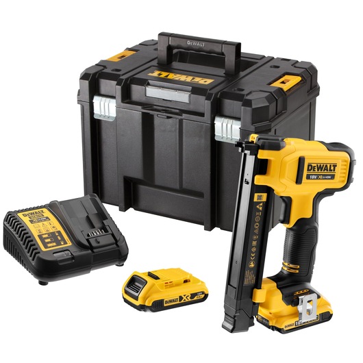 DEWALT cordless tool set with case, battery, charger, and yellow-black nailer displayed together.