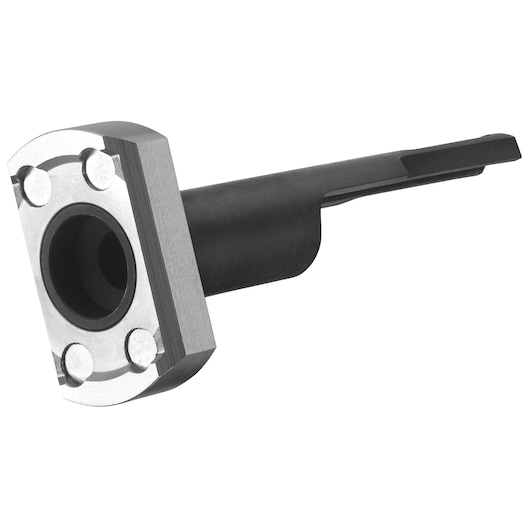 Metal DEWALT tool part with a rectangular base, circular opening, and protruding black shaft on white background.