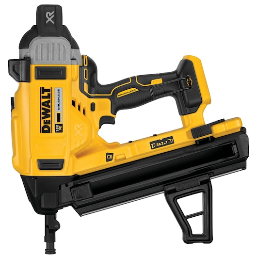 A DEWALT DCN890N 18V XR brushless yellow and black cordless nail gun, shown from the side on a white background.
