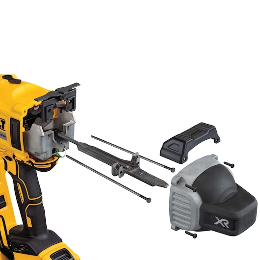 A close-up of a DEWALT cordless tool, shown partially disassembled with several internal components and screws removed and placed to the side.