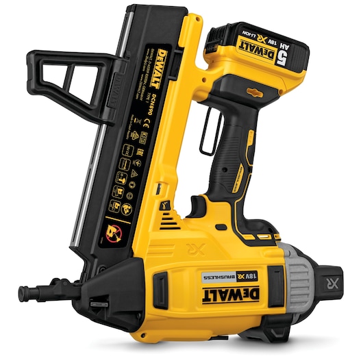 A DEWALT DCN890N cordless brushless nail gun, featuring an 18V XR Li-Ion battery and yellow and black design.