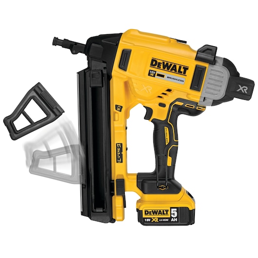DEWALT DCN890N 18V XR brushless nail gun with a removable accessory displayed in motion, shown against a white background.