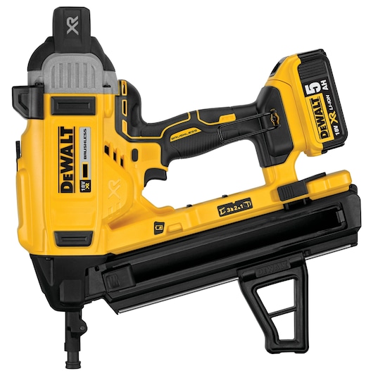 Yellow DEWALT cordless nailer with black handle and magazine. 18V XR lithium battery attached.